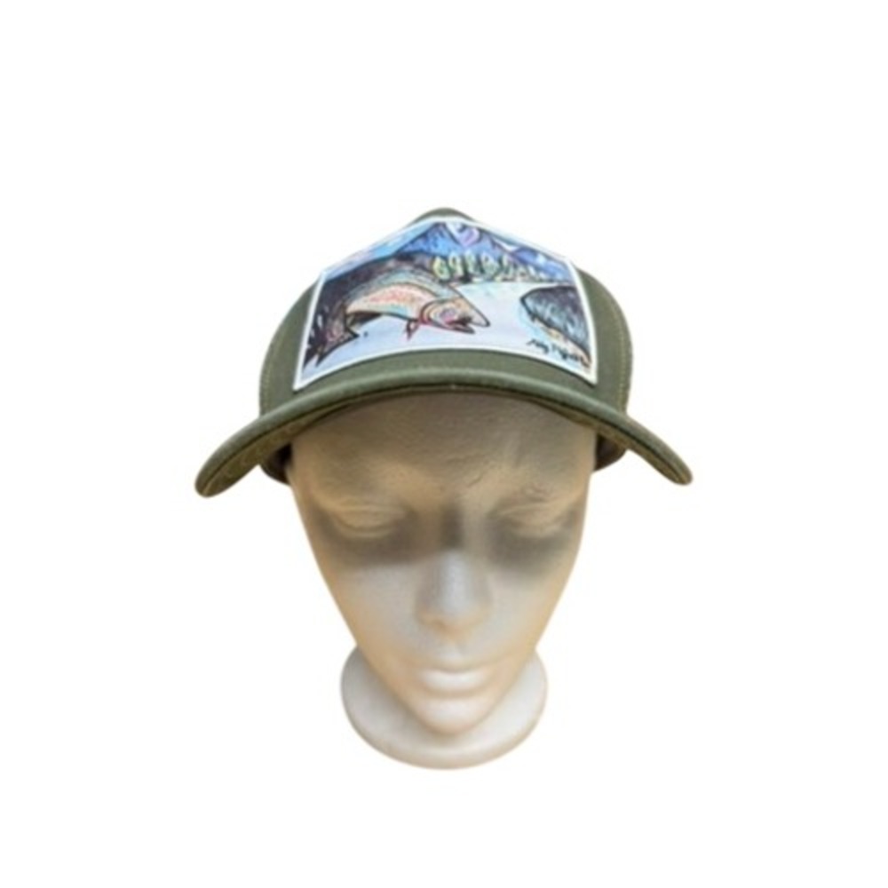 "Abby Paffrath" Trout Art‎ Trucker Hat Olive Green Snapback Jackson Hole WY Cap